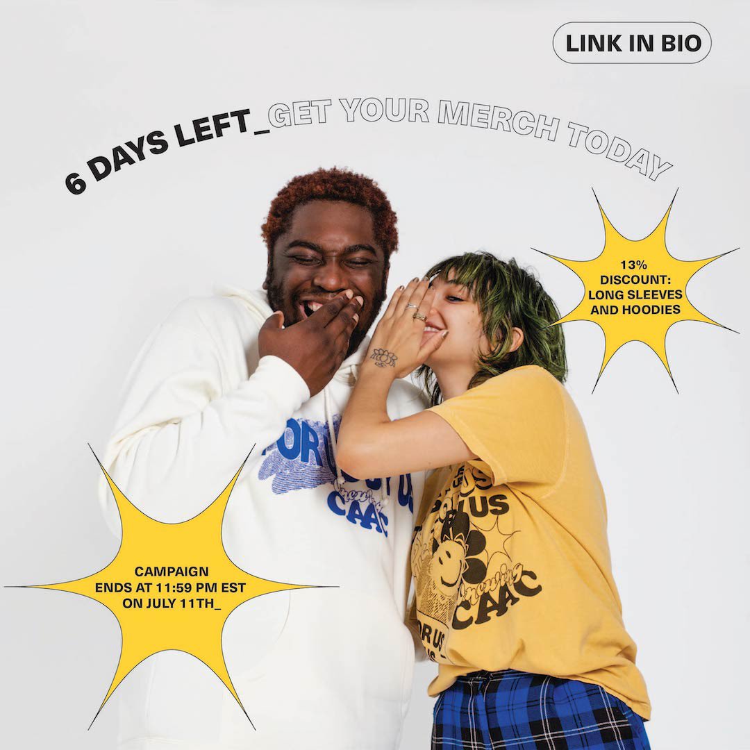 Six days left! Pre-orders for our first merch collection in collaboration with @onewingtofly closes on July 11th at 11:59 PM EST! Each purchase supports our mission providing resources to artists of color 🌻 merch.caacofficial.org