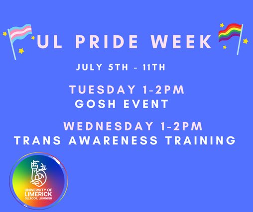 So looking forward to hosting these two excellent events to mark #LimerickPride #ul_edi #differentfamiliessamelove. Join us @ 13h00 Tuesday &amp; Wed. 6th &amp; 7th July