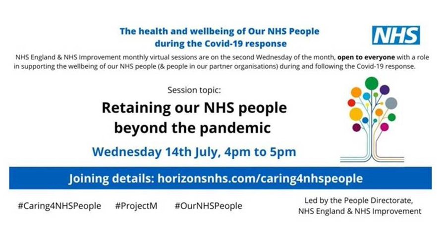 Join us on the 14th July (4pm-5pm) for another #Caring4NHSPeople Wellbeing event, this session will focus on 'Retaining our NHS People beyond the pandemic'.  Speakers include my fabulous boss @ChrisDzikiti1 

Find out more here: horizonsnhs.com/caring4nhspeop…