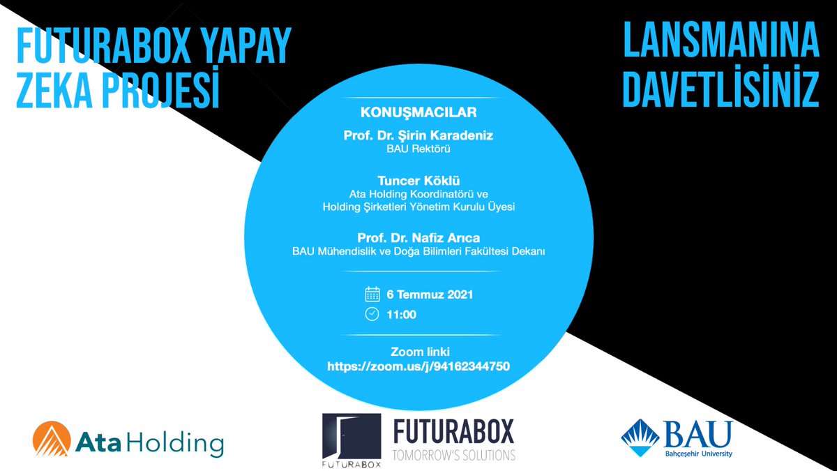FuturaBox Yapay Zeka Projesi lansmanına davetlisiniz! 6 Temmuz 2021 saat 11:00’de Zoom linki üzerinden erişebilirsiniz: zoom.us/j/94162344750 

#YapayZeka #AtaHolding #BahçeşehirÜniversitesi #FuturaBox #Lansman
