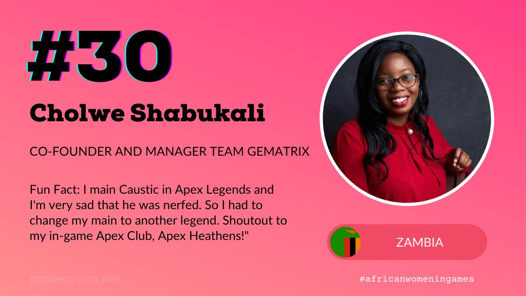 prosearium's tweet photo. Here's our 30th interview with Zambian eSports leader @cholweshabukali. Cholwe is the co-founder and manager of @TeamGematrix, Zambia's most successful eSports team
https://t.co/8wqrXNdIB0
#africanwomeningames #womeningames #blackgirlgamers #IamPOCinPlay #eSports #teamgematrix https://t.co/L9Tsvuy2HO