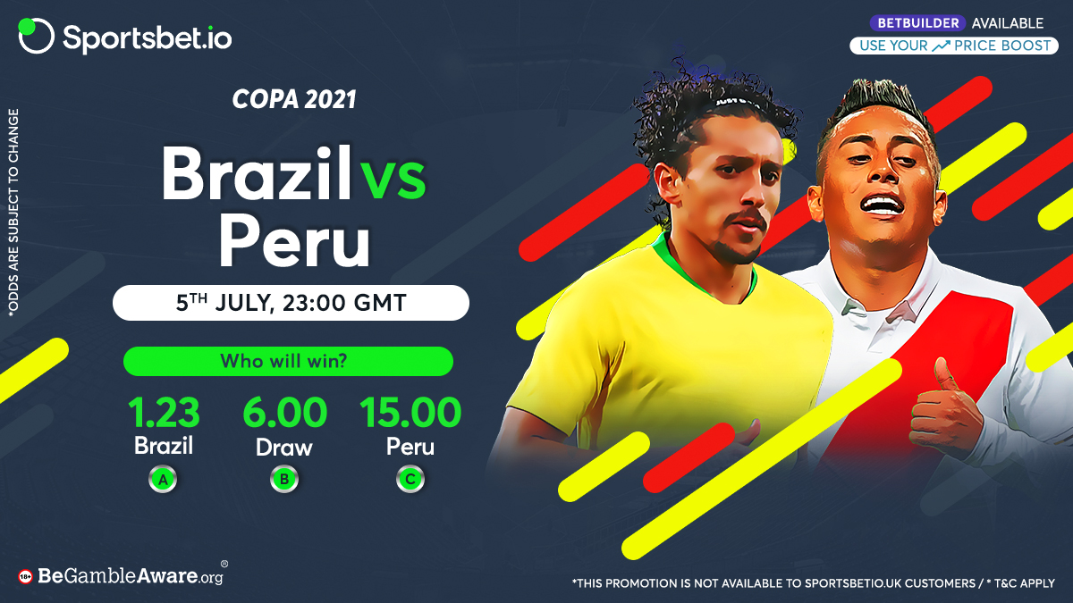 Sportsbetio's tweet photo. In a repeat of the #Copa2019 Final, reigning champions #Brazil will be undisputed favourites heading into this clash! 🔥⚽
Who will secure a ticket to the Final of #Copa2021? 🤔
Head to https://t.co/3H6hmA3C8g to win big! 🤑
#BRAPERU https://t.co/B8V92qJuhw