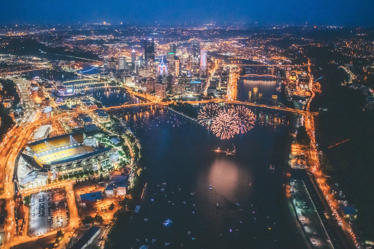 DaveDiCello's tweet photo. A little thread of 4th of July fireworks in #Pittsburgh that I captured from a helicopter last night. It was such an amazing experience, and being able to see the show from all different angles was the best part.  I'll still have plenty of more to share after these as well. https://t.co/vM3ZwwQi4G