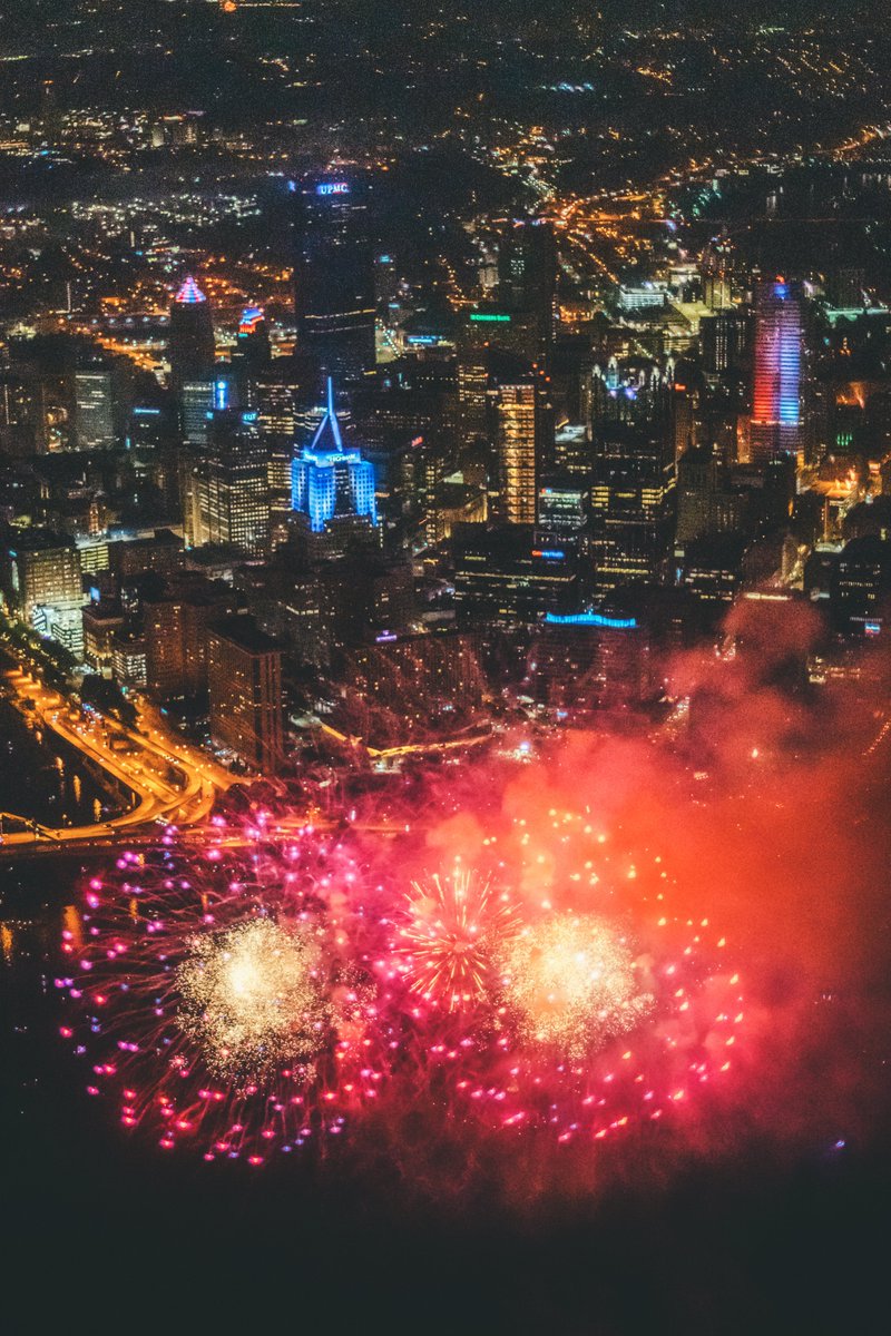DaveDiCello's tweet photo. A little thread of 4th of July fireworks in #Pittsburgh that I captured from a helicopter last night. It was such an amazing experience, and being able to see the show from all different angles was the best part.  I'll still have plenty of more to share after these as well. https://t.co/vM3ZwwQi4G