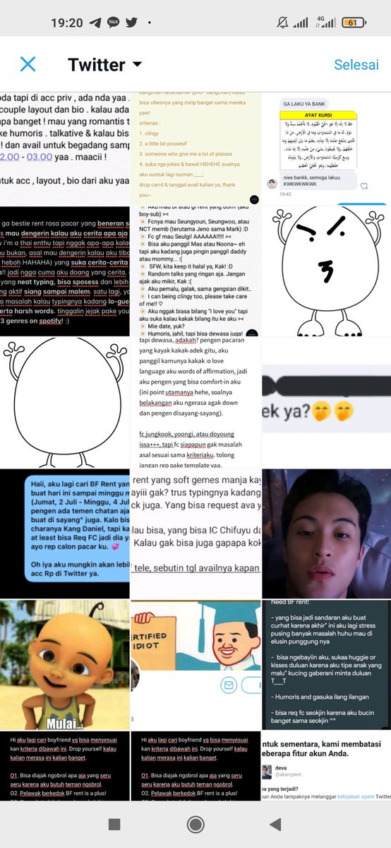 fyi aja aku tuh setiap ada sender yang ngirim mf jelasin kriteria di pict, aku bakal save dulu pict nyaa terus aku rep mf nya sambil baca krit buat ngejelasin aku bisa yang mana sama yang ga nya apaaa, jadi detail gitu. isi galeri twitter aku kebanyakan pict dari  mf rent😭