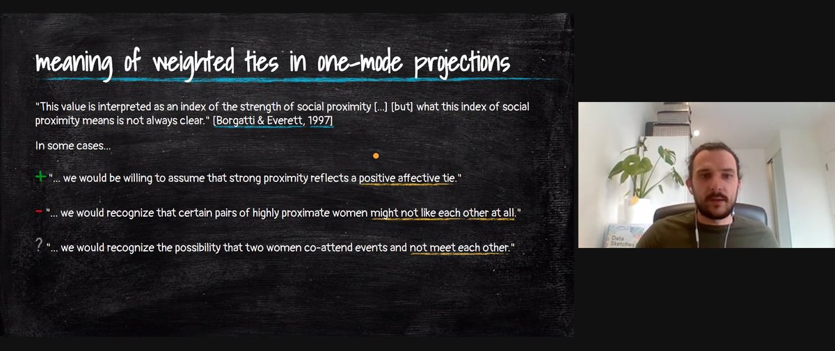 FranciscaOrtizR's tweet image. The Mitchell Centre for Social Network Analysis @MitchellSNA is present in @Networks2021 !! First day, and @schochastics is presenting his super interesting research about rethinking one-mode projections with amazing visualisations, as always! @MCRSociology #Networks2021