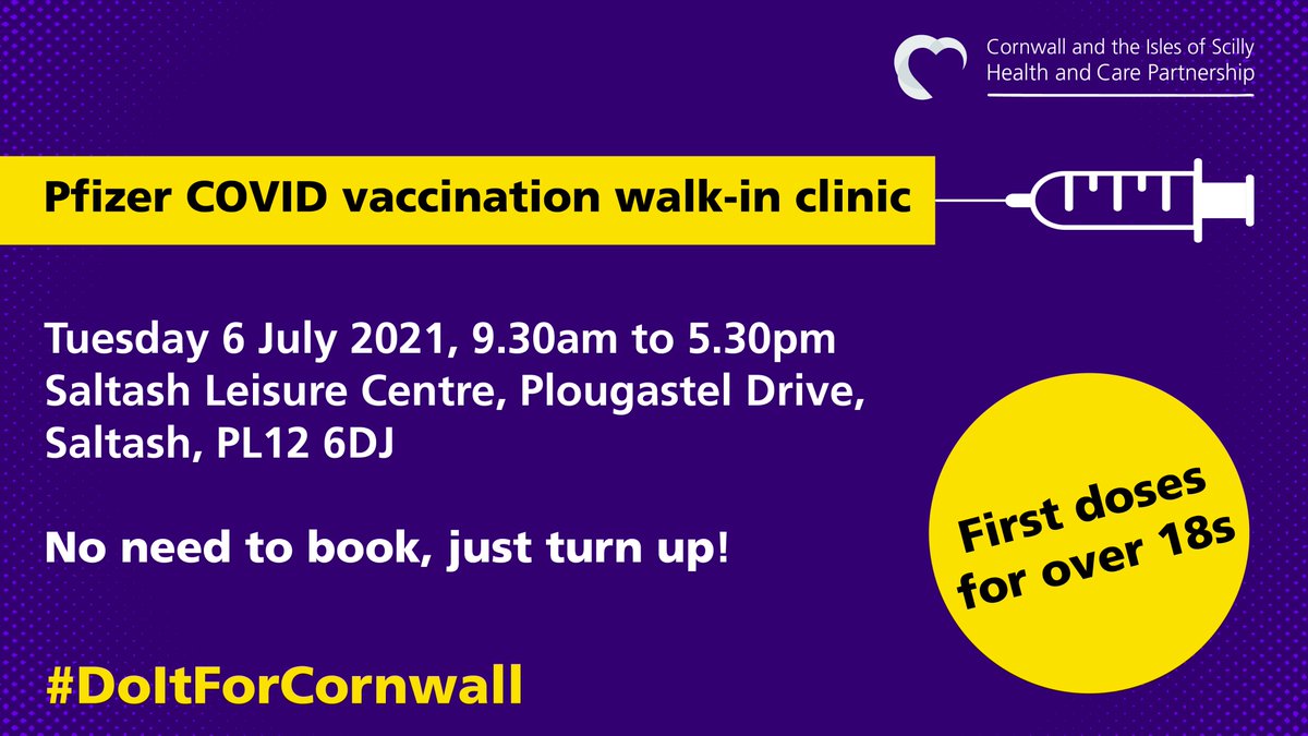 1st dose Pfizer vaccine clinic.
No need to book, just turn up.
For age 18 years and over.
Location:
Saltash leisure centre car park, Plougastel Drive, PL12 6DJ
Tomorrow - Tuesday 6th July - 9.30-5.30pm.