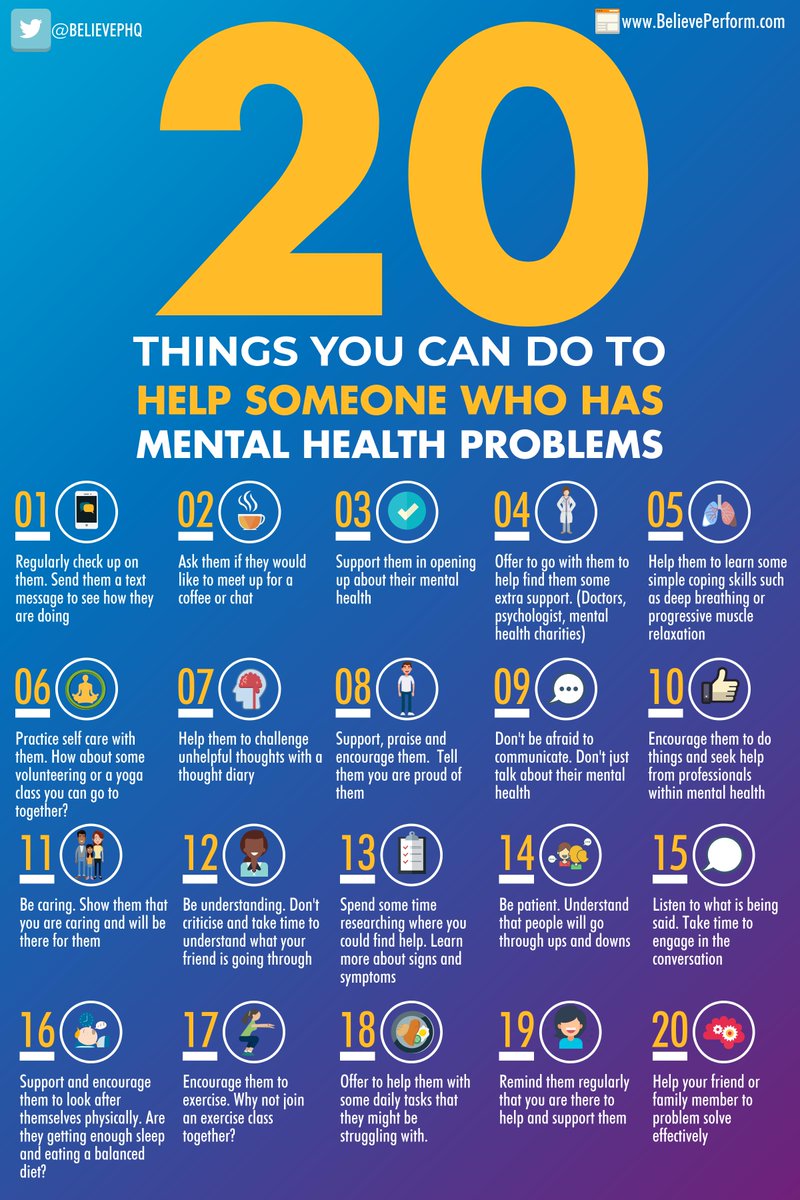LEAD_Coalition's tweet image. Please re-Tweet these 20 things you can do to help someone who has #mentalhealth problems 

(image via @BelievePHQ) #depression