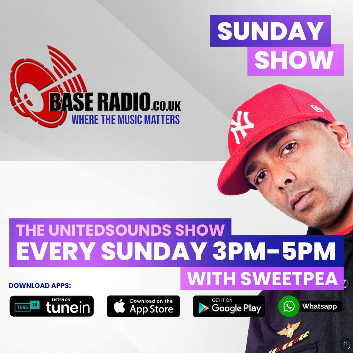 Unitedsounds with sweetpea 

Thursdays 8pm-10pm
Purevybesuk.com

Sunday’s 3pm-5pm
BaseRadio.co.uk