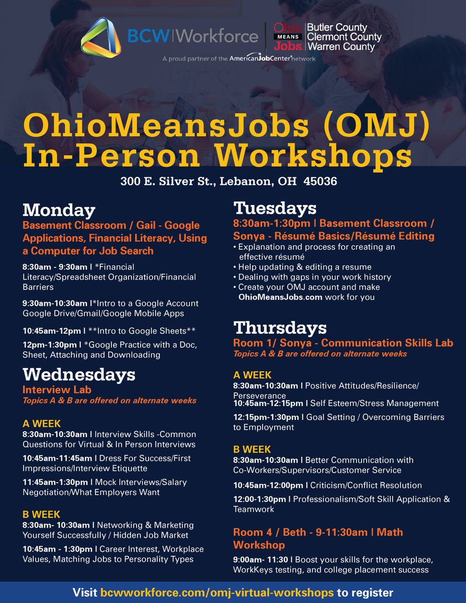 We are now offering IN-PERSON workshops! Register here qoo.ly/3cz53i today!

#BCWWorkforce #OhioMeansJobs #InPersonWorkshop #Career #FurtherYourSkills