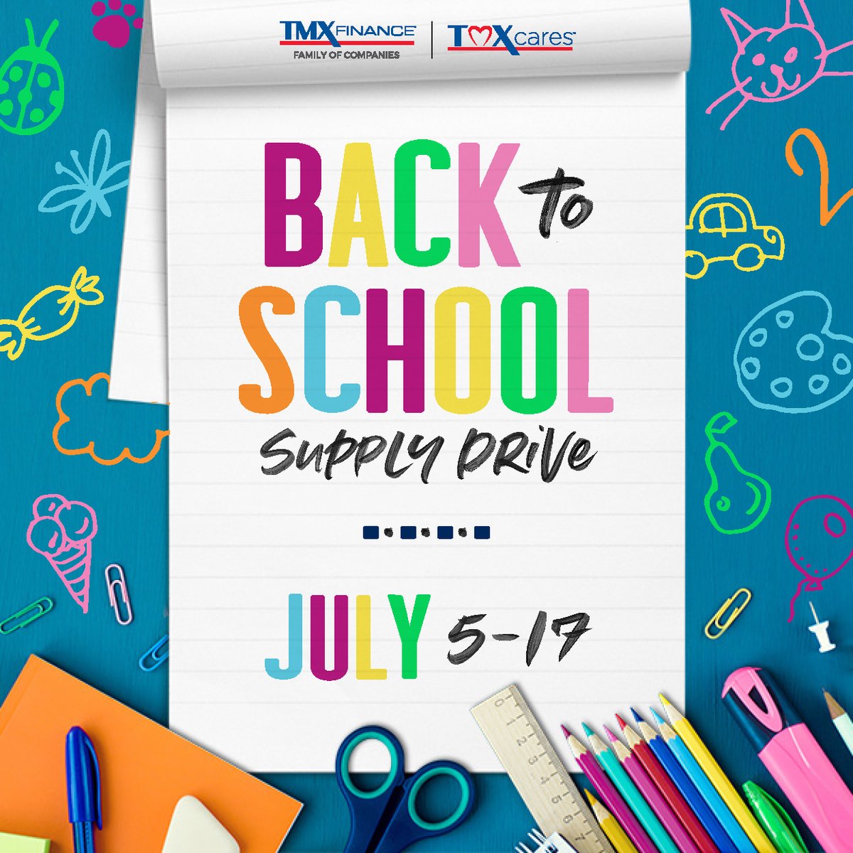 Our #TMXCares Back-to-School Supply Drive starts TODAY! You can drop off school supplies at any TitleMax®, TitleBucks®, or InstaLoan® location from today through July 17th. We donate all items collected to local organizations or schools to help children succeed!