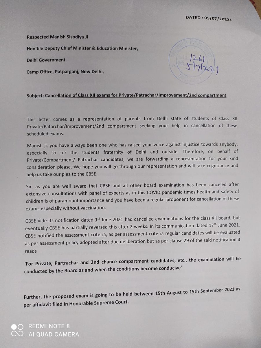 ActivistSukhpal's tweet photo. R/Sir @msisodia @Minister_Edu 
Representation on behalf of Delhi Parents of Students' of CBSE 12th Pvt/Patrachar/Compartment/Improvement submitted to ur off today.

Req ur personal &amp; imm intervention.

@CMODelhi
@AdvMamtaSharma 
@ActivistSukhpal 

#CBSEprivateSTUDENTSLIVESMATTER https://t.co/tlyWOQ7Fti