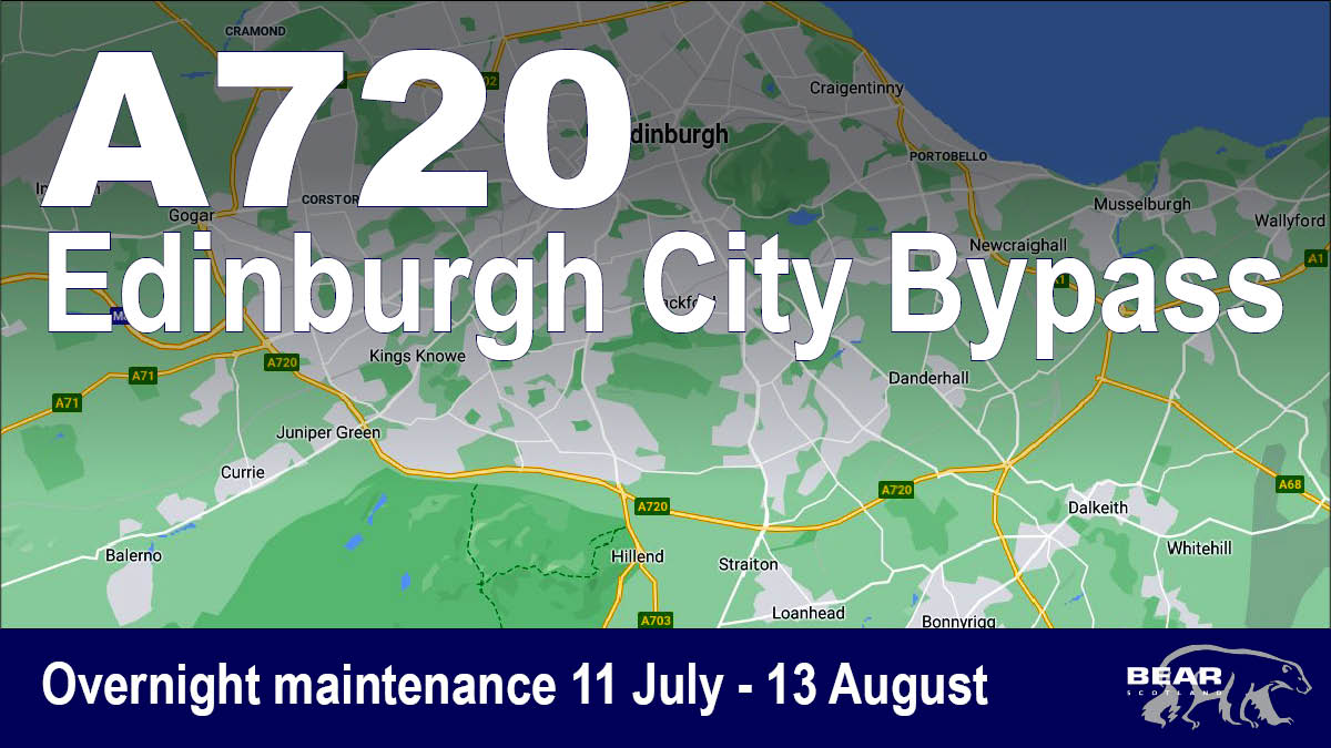 A five-week programme of overnight maintenance on the #A720 Edinburgh City Bypass is scheduled to begin on Sunday 11 July.

The work will be carried out in 16 phases, with overnight closures on a different section of the bypass in each phase.

Details:
bearscot.com/a720-edinburgh…