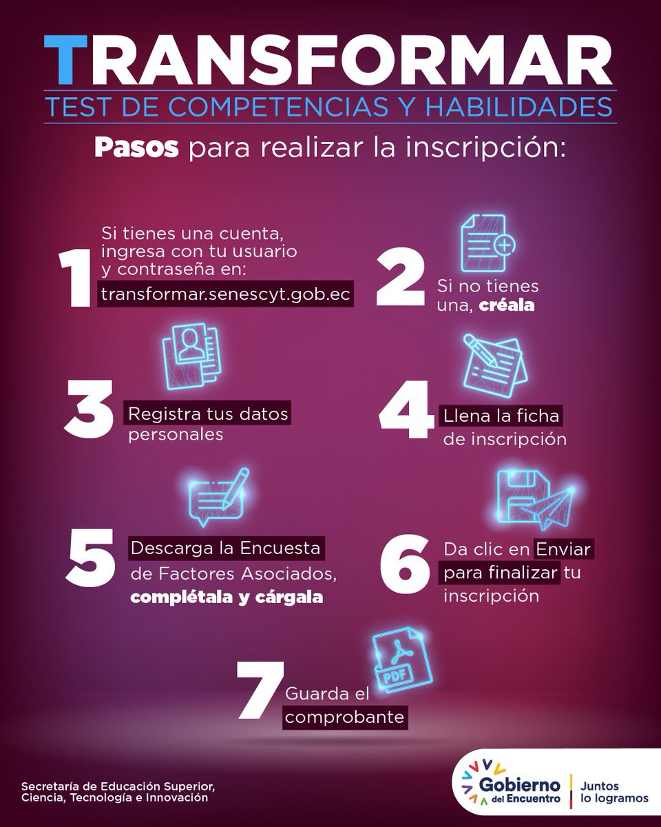 📌 ¿Sabías que el test Transformar evalúa únicamente competencias y habilidades 🧐? 

Si vas a rendirlo, sigue estos 7⃣ pasos y realiza tu inscripción de manera correcta 👇. 

 Y recuerda, ¡infórmate únicamente en nuestros canales oficiales!

#EcontrémonosPorLaEducación