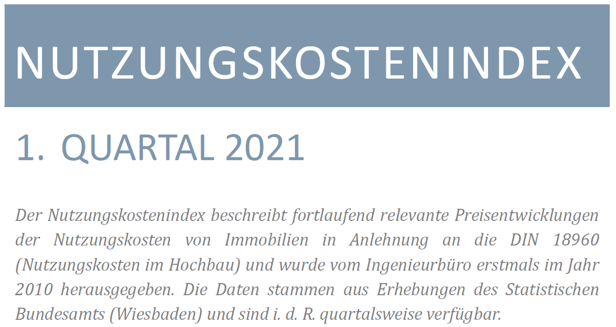 Der Nutzungskostenindex für das 1. Quartal 2021 ist fertiggestellt. Es zeigen sich deutliche Veränderungen gegenüber dem Vorquartal. Der Bericht kann kostenfrei und unverbindlich auf der Website des Nutzungskostenindex angefordert werden, s. auch unter: 
nutzungskostenindex.de/2021/07/05/nut…