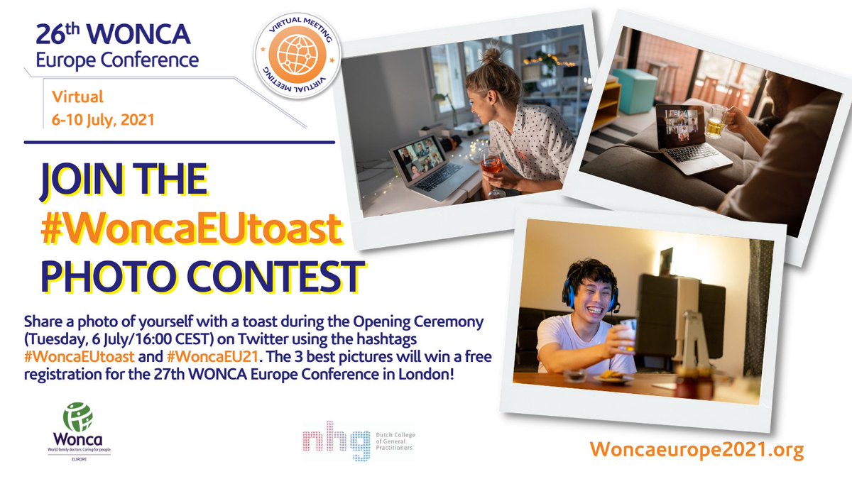 Don't forget to join the #WoncaEUtoast photocontest today at the opening ceremony of #WoncaEU2021 at 16.00 CEST on Twitter using the hashtags #WoncaEUtoast or #WoncaEU2021. The three best pictures will win free registration for <a href="/WoncaEurope/">WONCA Europe</a> 2022 in London hosted by <a href="/rcgp/">Royal College of General Practitioners</a>!