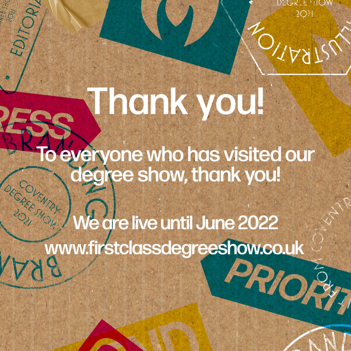 A big thank you to everyone who has visited our degree show over the last 2 weeks! 📬📦

#firstclassdegreeshow #degreeshow #covuni #graphicdesign