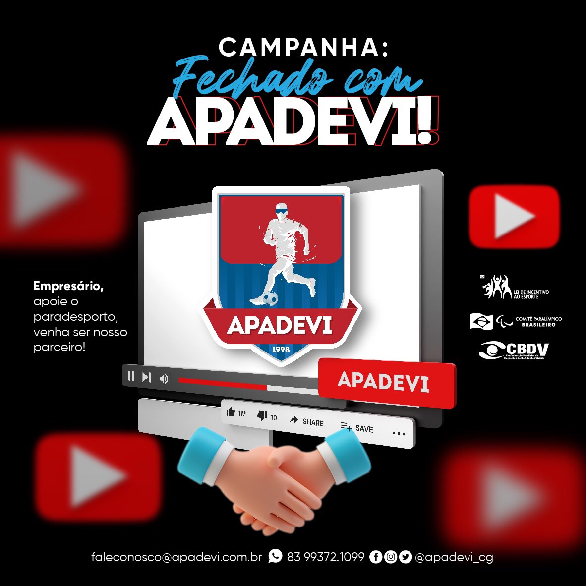 apadevi_cg's tweet photo. Hoje é um dia pra lá de especial quando lançamos a campanha #FechadoComApadevi em busca de parceiros junto à ‘Lei de Incentivo ao Esporte’. O projeto “Fazer o impossível tornar-se possível’ tem como objetivo principal  sensibilizar empresários da região a apoiarem o #paradesporto https://t.co/DPkeWQ94T2