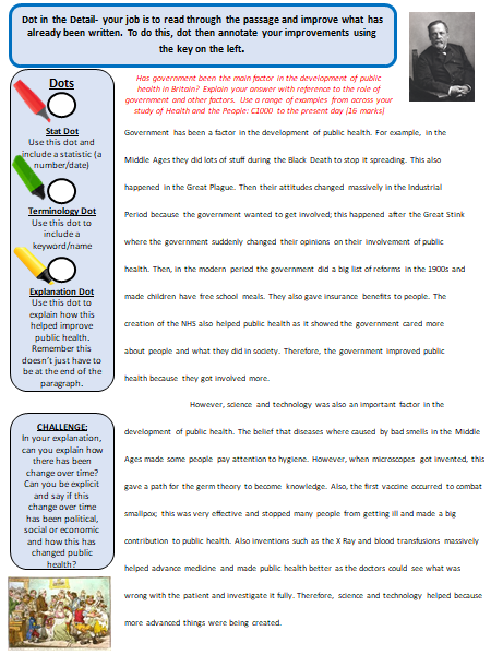 DanielD99588807's tweet photo. Adapted from the brilliant @mrfitzhist, I made my y10 students improve a 16m response from Health and the People AQA. Worked really well to enable pupils to think about what specific evidence is and how they could develop their explanations. https://t.co/kINZjO19Hd