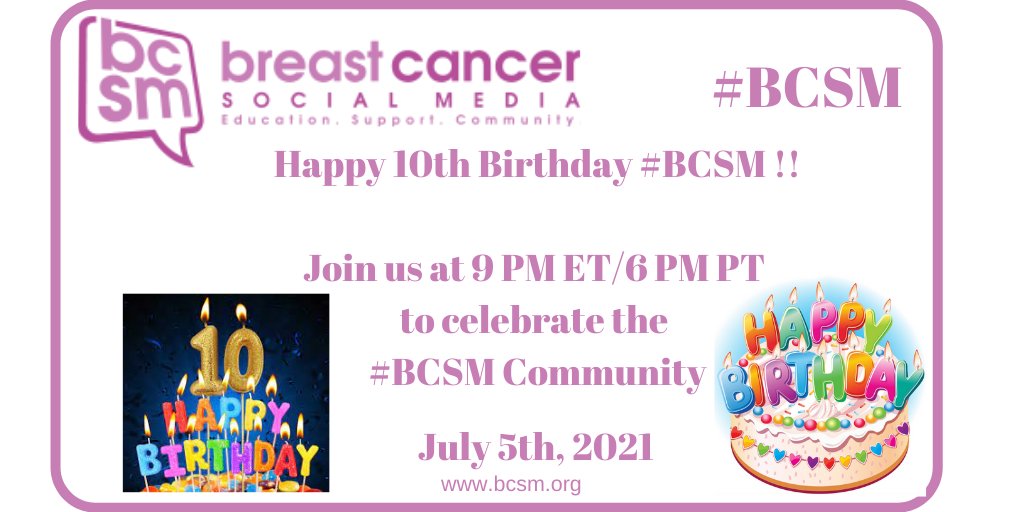 stales's tweet photo. Happy Birthday #BCSM - please join us tonight at 9 PM ET to celebrate 10 years of tweetchats and an amazing community. @jamienholloway @LisaDTRice @lisa_hagen22 @Leslieks @coffeemommy @JaniceTNBCmets @Stickit2Stage4 @Martha__Carlson @IBCResearch @malefitness @garyleethompson https://t.co/OJH4zVTzoM