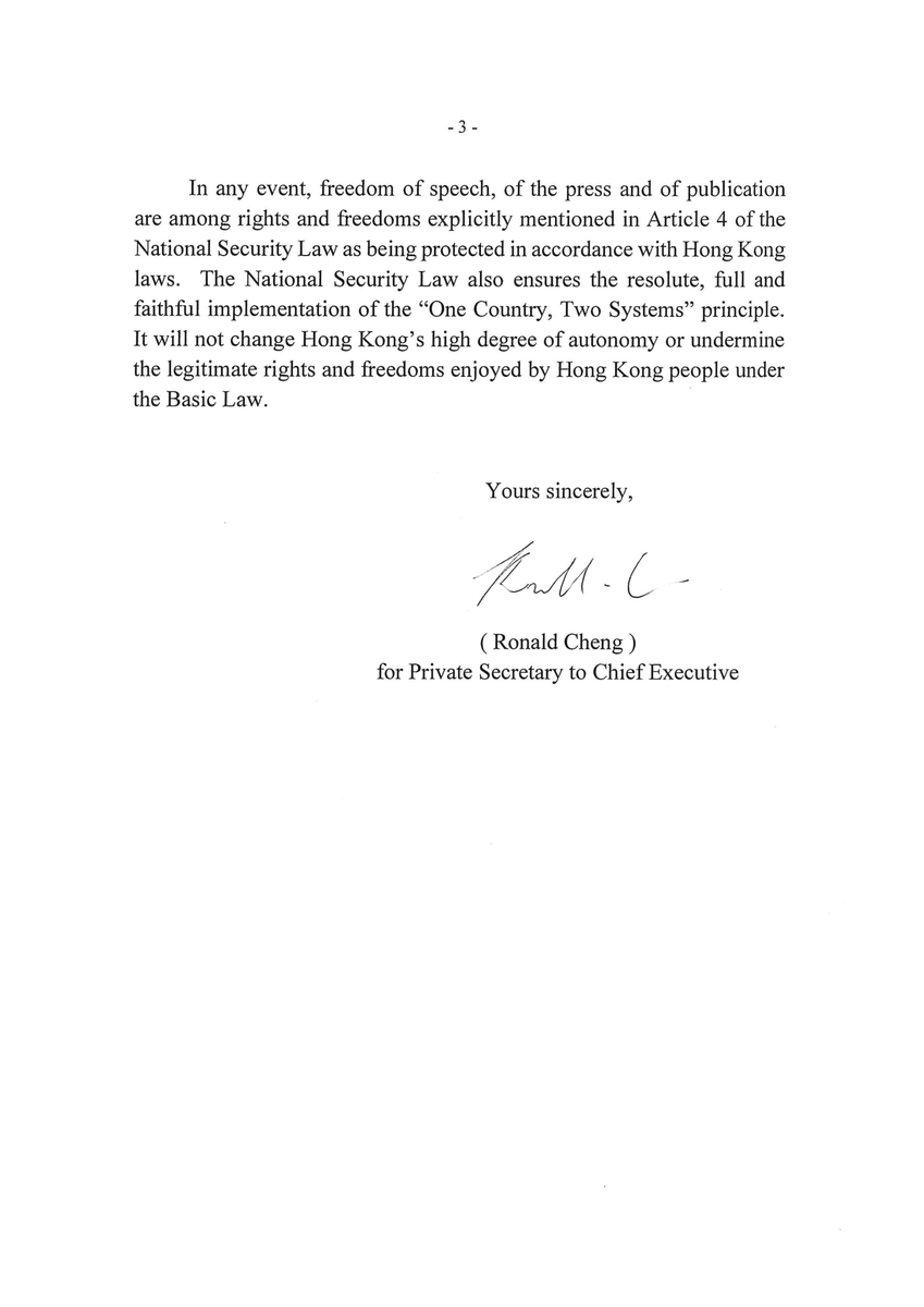 EnginEroglu_FW's tweet photo. 🇭🇰 While we discuss #Hongkong &amp; #AppleDaily this week, I also received an answer from #CarrieLam. As to be expected, more of what we have already heard: talks of conspiracy and national security concerns while stating "normal journalistic work takes place freely &amp; lawfully"😤 https://t.co/PBhk2Nrjy8