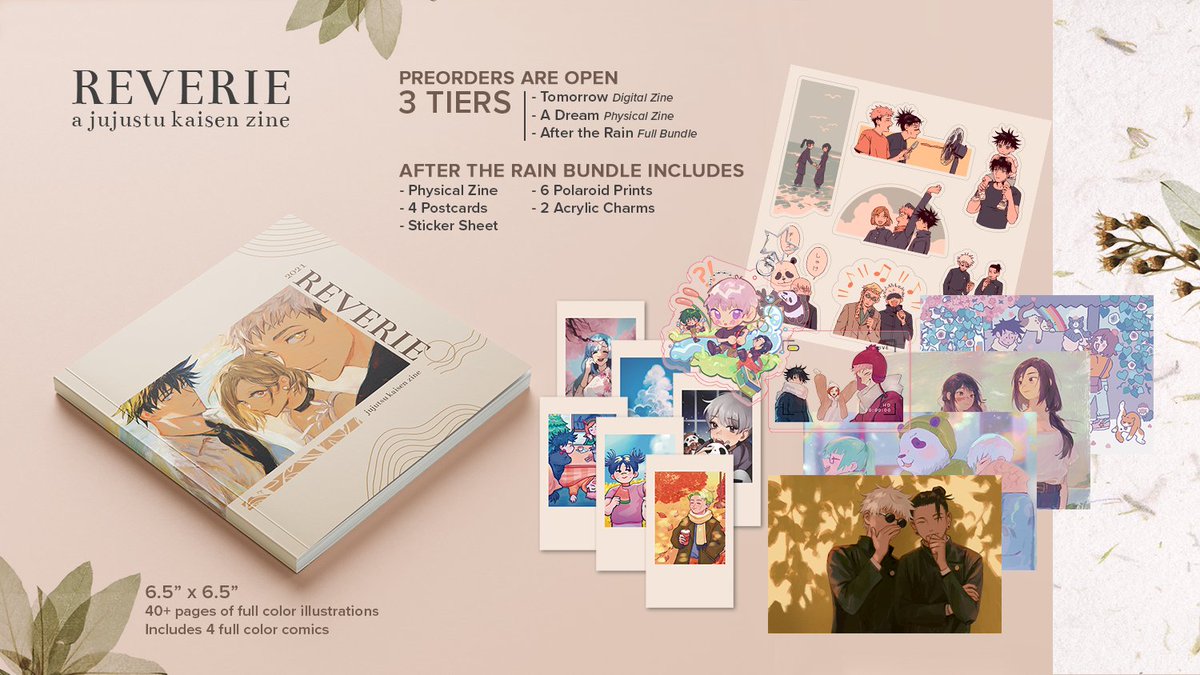 reveriezine's tweet image. [preorders are open for 🌿 reverie 🌿]

Reverie is made of 40+ pages of illustrations and comics capturing fleeting and bittersweet memories of the Jujutsu Kaisen cast.

Preorders are open until August 8. Get yours today!

jjkreverie.bigcartel.com 🍃