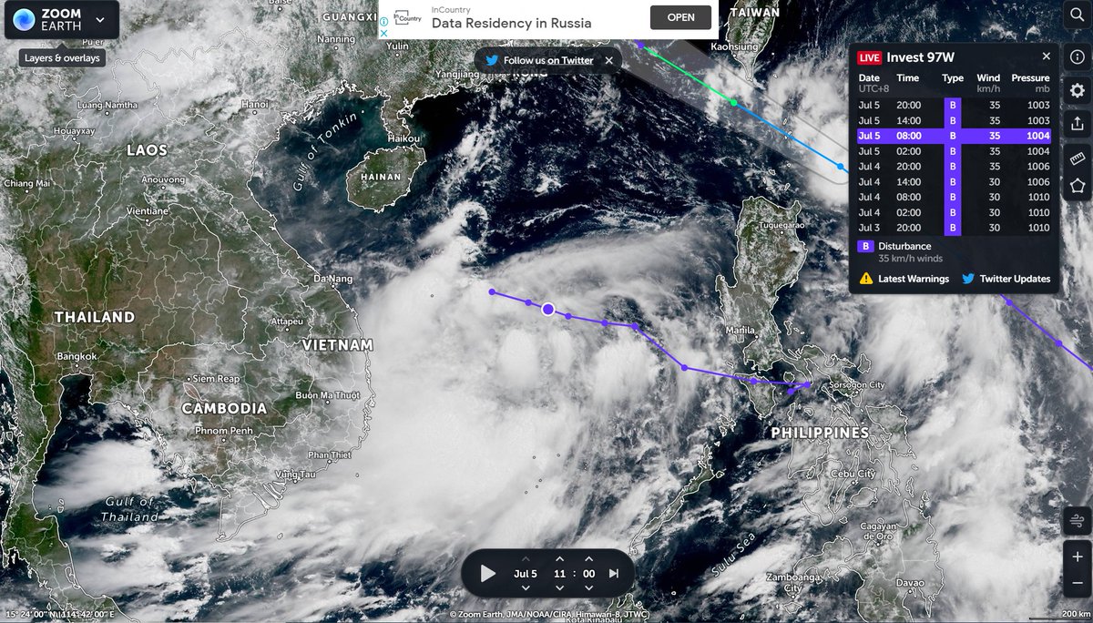 supbrow's tweet photo. On 5 July, cloudy over most #SouthChinaSea as storm passed, so the best image is from @zoom_earth (which is awesome).
Wonder were the Chinese Fishing Fleet & #PAFMM dispersed to or sought refuge?
Will be interesting to see.
@AndrewSErickson @CollinSLKoh @duandang @jaytaryela https://t.co/neDSSQzEgi
