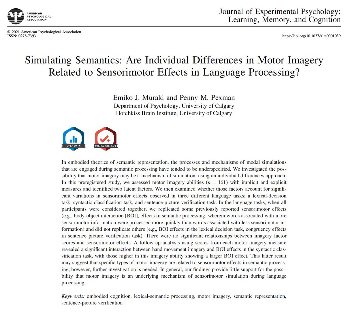 Is motor imagery important to sensorimotor effects in language processing? New paper online <a href="/APA_Journals/">APA Journals</a>  #JEPLMC with <a href="/ejmuraki/">Emiko Muraki</a> suggests perhaps only in (effector-) specific ways: hand motor imagery related to BOI effects  psycnet.apa.org/record/2021-61…