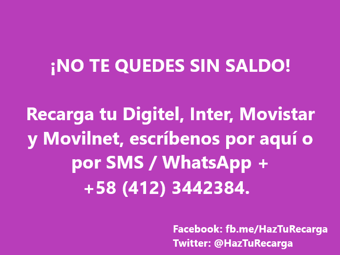 HazTuRecarga's tweet photo. SÍ HAY RECARGA MOVISTAR, DIGITEL, MOVILNET, INTER, SIMPLE TV, Netflix y CANTV.

Solicítala escribiéndonos por esta vía o a través de nuestras redes:
SMS y WhatsApp: +584123442384
Facebook: https://t.co/ZnJbF1f3cV 

#05J #5J #Venezuela #Venezolanos #Television #Satelital #SimpleTV https://t.co/FIn6eFkW5e
