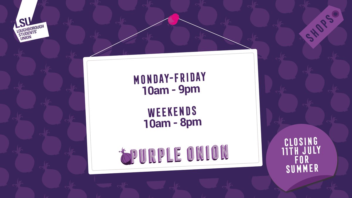 Loughborough SU (@loughboroughsu) on Twitter photo βοΈ Term may be over for summer, but the Purple Onion, Union Building shop and The Stash Shop are still open π
Find out our reduced opening hours at lsu.co.uk/shops βοΈ Term may be over for summer, but the Purple Onion, Union Building shop and The Stash Shop are still open π
Find out our reduced opening hours at lsu.co.uk/shops