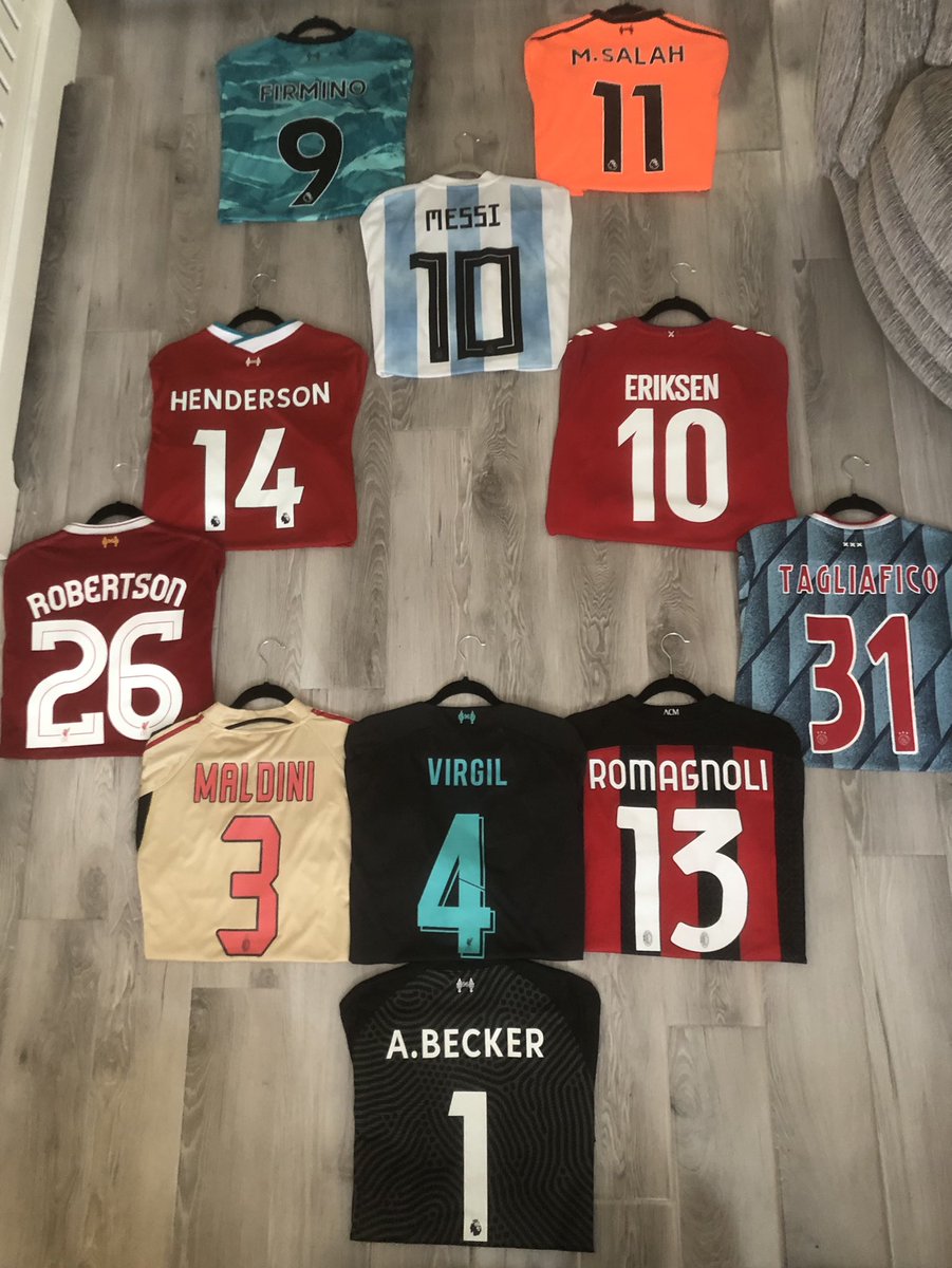 FootballShirtC2's tweet photo. So here it is, my line up of shirts I have with name-sets ⚽️

Some ridiculous names just narrowly missed out, but I wanted to diversify the team a little and not only have Liverpool &amp; Milan shirts 😅

Inspired by @ATFootball_1 👏 https://t.co/uqUEemwD3U