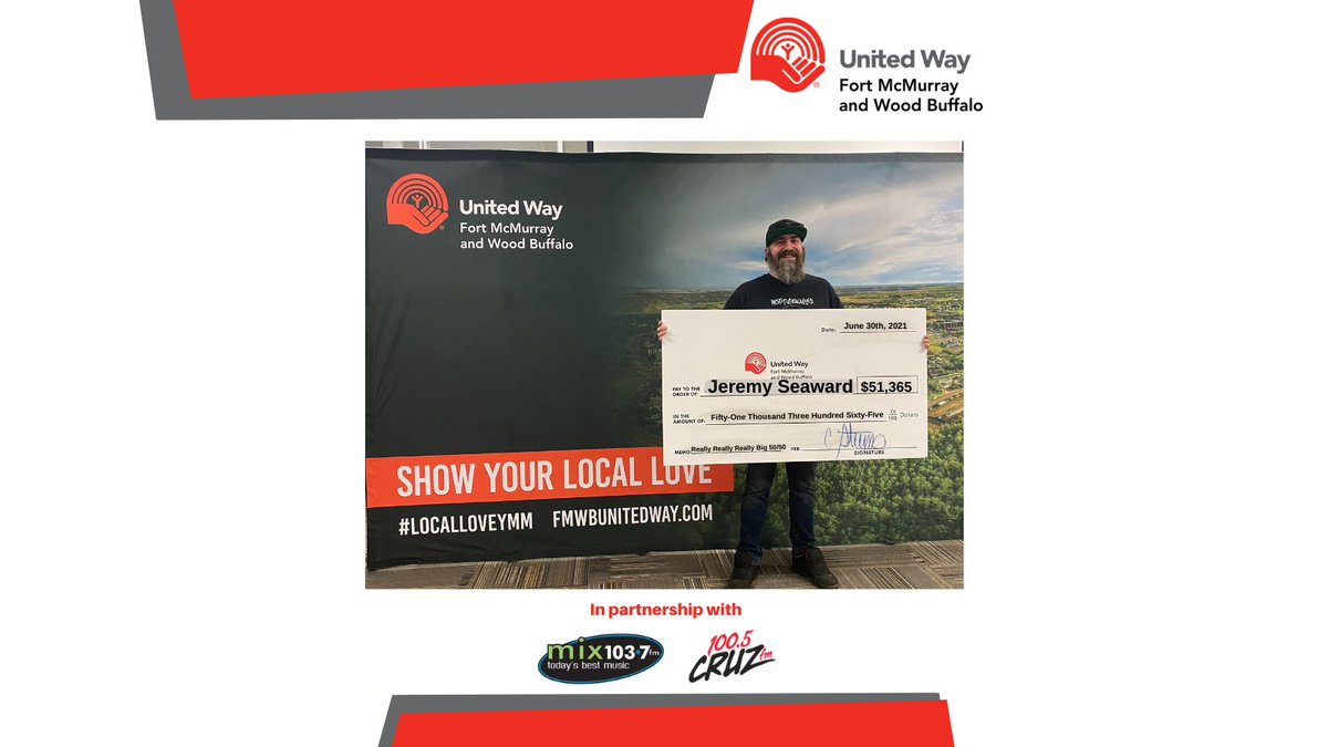 🎉CONGRATULATIONS 🎉 to Jeremy Seaward who took home $51,365 as the winner of the Really Really Really Big 50/50 (part of Wood Buffalo Ribfest)! 

Thank you to ALL ticket purchasers for supporting the Wood Buffalo region and to our 50/50 sponsors @Mix1037radio  &amp; <a href="/1005CRUZFM/">100.5 Cruz FM</a> ❤️