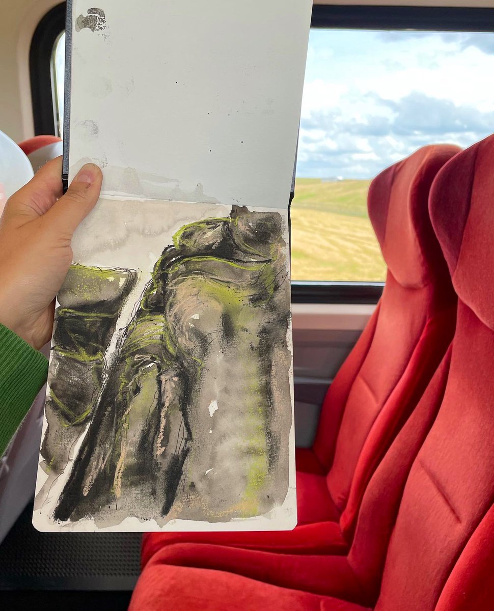 LizAtkin's tweet photo. Studio on the go! Charcoal & watercolour drawings, keeping messily occupied on the journey home from Yorkshire…Brimham Rocks on my mind.
#coronavirus #covid19 #pandemic #publictransport #skinpicking #anxiety #mentalhealth #sketchbook #visualdiary #artistonthemove https://t.co/rXvUK0uLO1