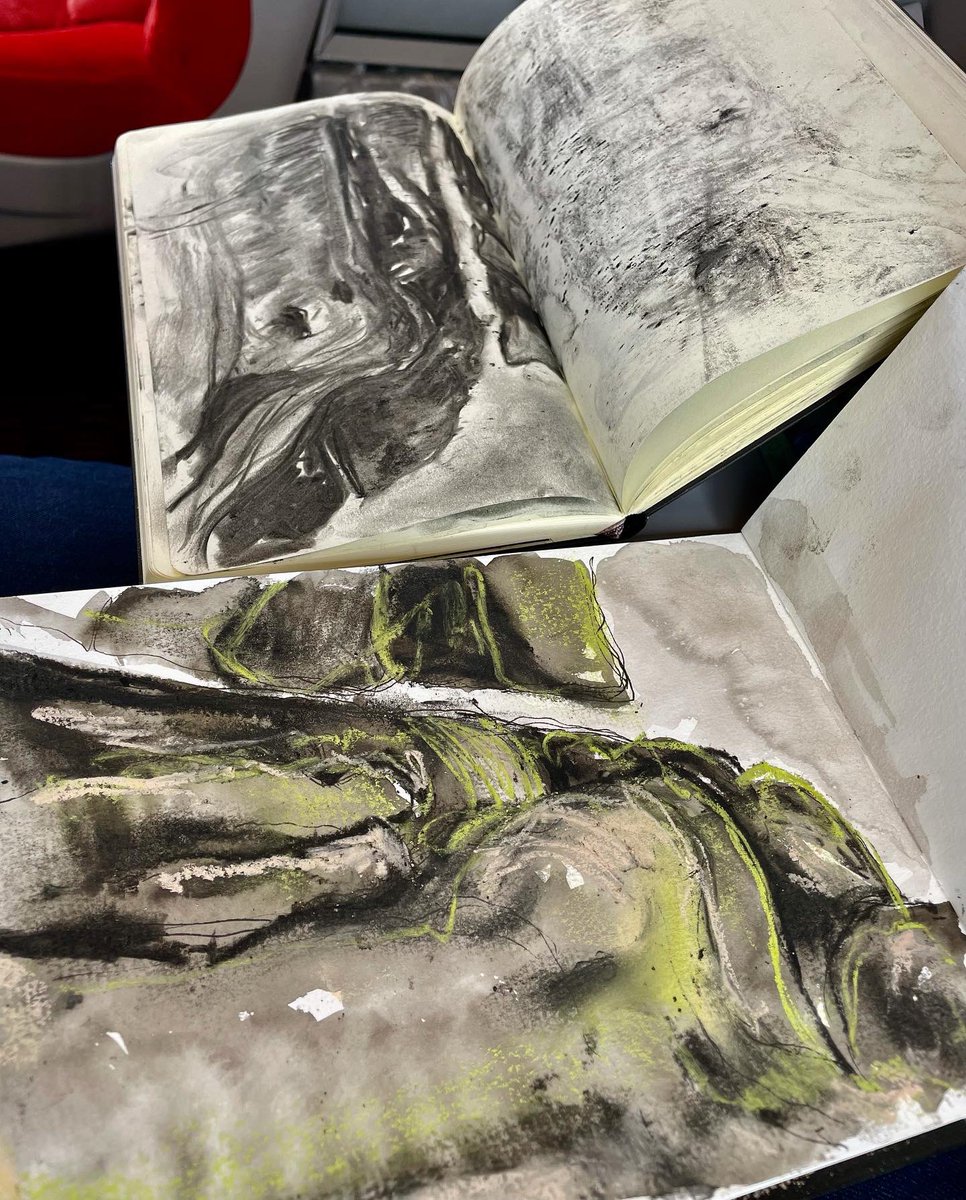 LizAtkin's tweet photo. Studio on the go! Charcoal & watercolour drawings, keeping messily occupied on the journey home from Yorkshire…Brimham Rocks on my mind.
#coronavirus #covid19 #pandemic #publictransport #skinpicking #anxiety #mentalhealth #sketchbook #visualdiary #artistonthemove https://t.co/rXvUK0uLO1