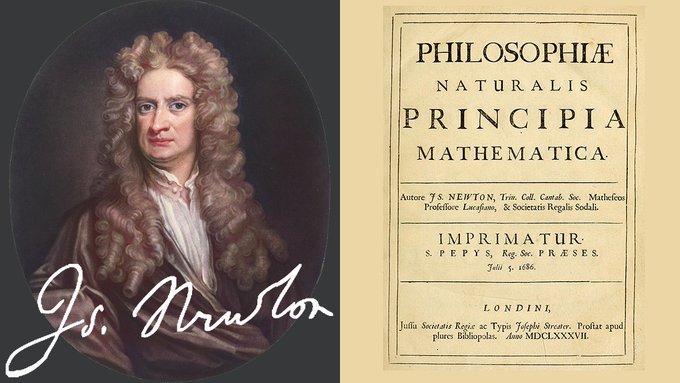 It's July 5th. 🇬🇧 On this day in 1687, Sir Isaac Newton published one of the most important works in the history of science—Philosophiæ Naturalis Principia Mathematica—and changed the way we understand the Universe. Newton was revered during his own lifetime and has since gone on to inspire and influence many other scientists—Halley, Maxwell, Mach, Einstein, Sagan, Tyson, and many in between…. I'm in awe! ☮️ Peace… Jamiese File: Portret_van_Isaac_Newton,_RP-P-OB-32.808.jpg Title: Portret van Isaac Newton Copyright: Publiek Domein https://commons.wikimedia.org/wiki/File:Portret_van_Isaac_Newton,_RP-P-OB-32.808.jpg File: Prinicipia-title.png Description: Unterschrift von Isaac Newton_signature. Author: Zhaladshar Licensing: Public Domain https://commons.wikimedia.org/wiki/File:Prinicipia-title.png File: Isaac_Newton_signature.svg Author: Derivative: Pbroks13 (talk) Copyright: Public Domain https://commons.wikimedia.org/wiki/File:Isaac_Newton_signature.svg