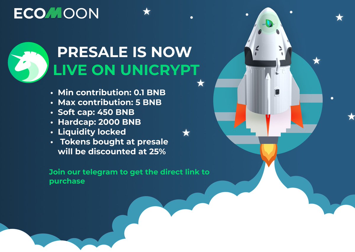 💰🔥THE ECOMOON COIN PRESALE IS NOW OPEN❗️❗️🔥💰

🔹Join from the link below:
👇👇👇

app.unicrypt.network/amm/pancake-v2…

🏆Presale rate: 1BNB= 200,000,000 $ECO

💰Min. Contrib: 0.1 BNB
💰Max. Contrib: 5 BNB
💰Softcap: 500 BNB
💰Hardcap: 2000 BNB

🥞Pancake listing: 1BNB= 150,000,000 $ECO