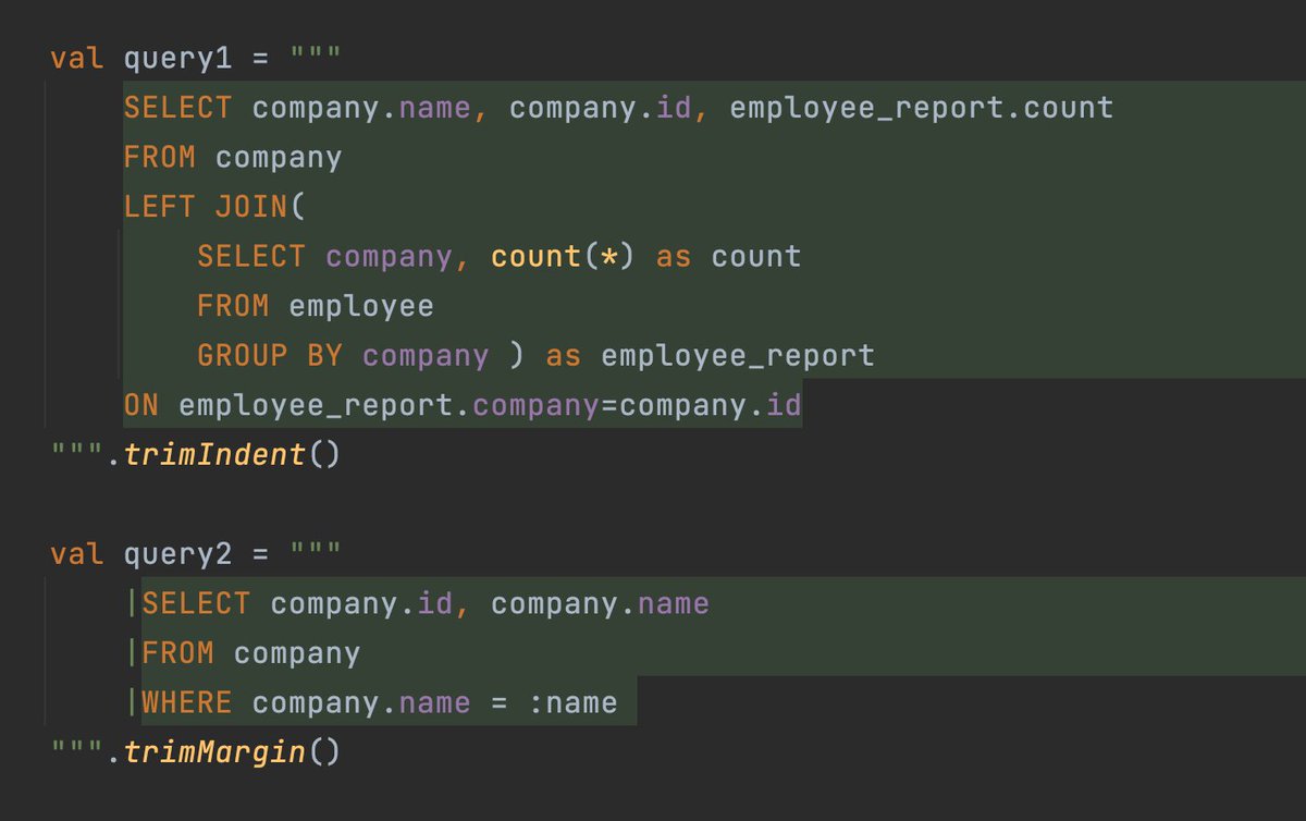 kotlin's tweet image. #KotlinTips
Use ‘trimIndent()’ or ‘trimMargin()’ to format multiline strings as regular code, with the correct indent.
