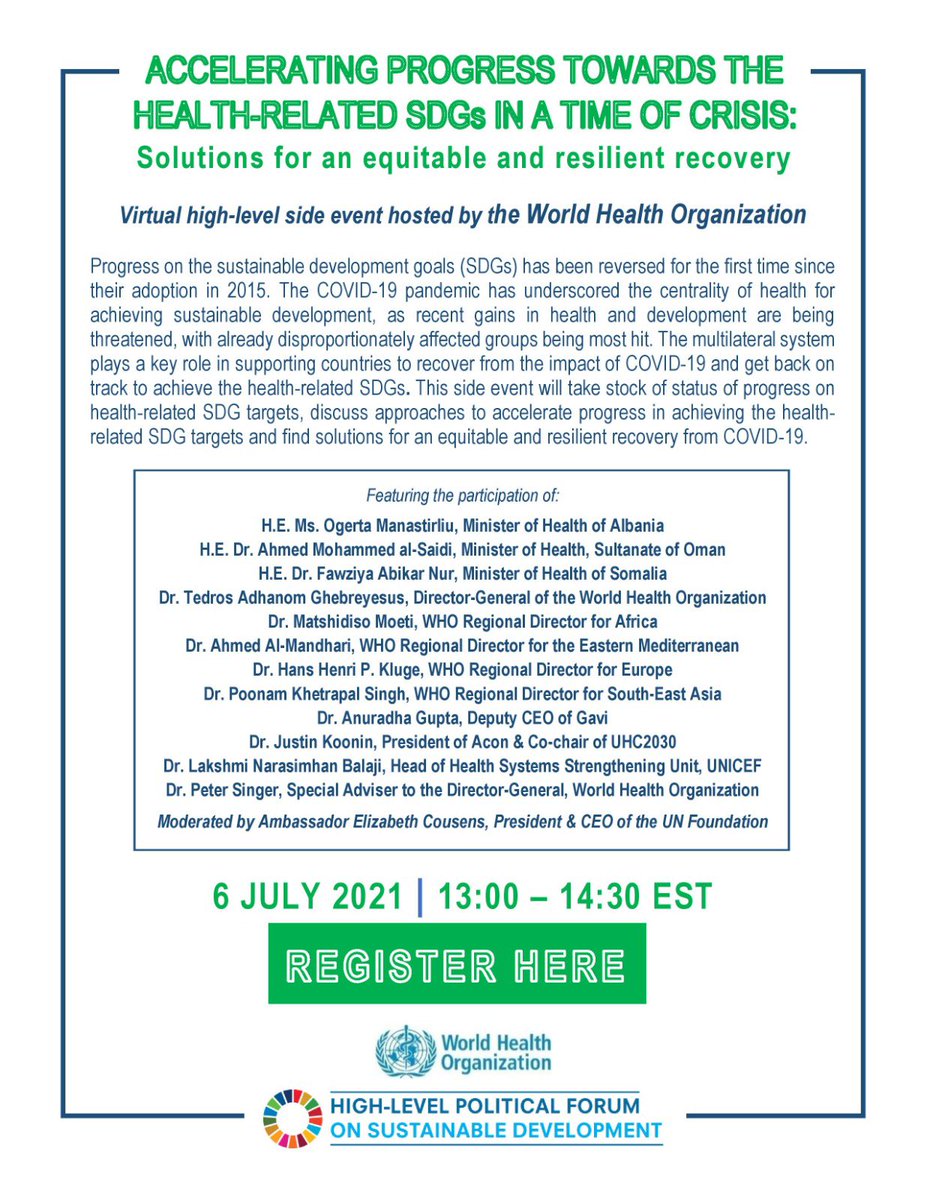 You are invited to the Virtual High-Level Side Event: Accelerating Progress towards the Health-Related #SDGs in a Time of Crisis

🗓 6 July 2021
⏰ 13:00-14:30 EST

Link for registration: 
who.zoom.us/webinar/regist…

#IniDiplomasi #IndonesianWay