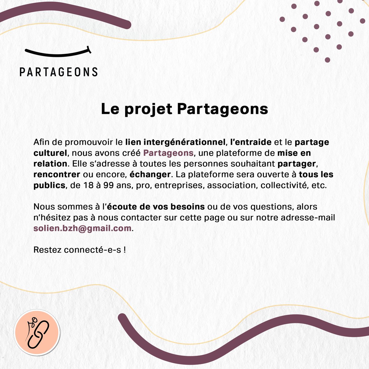 Aujourd'hui, nous souhaitons vous présenter un de nos projets phares : Partageons, une plateforme de mise en relation afin de lutter contre l'isolement social ! 🤝 🤝 N'hésitez pas à nous retweet🤗 #partage #isolement #intergénérationnel #numérique #social #solidarite