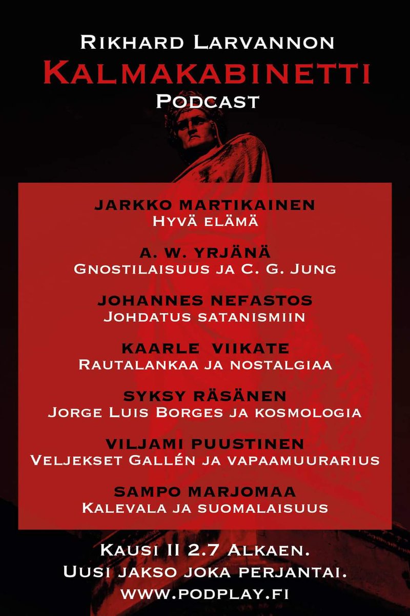 #Kalmakabinetti, kausi 2. on täällä. Luvassa tuntikausia turinointia, kirjallisuudesta, kulttuurista ja esoteriasta. Korkkaa viski, ja sytytä sikari. Areenana: <a href="/PodPlaySuomi/">PodPlay Suomi</a>