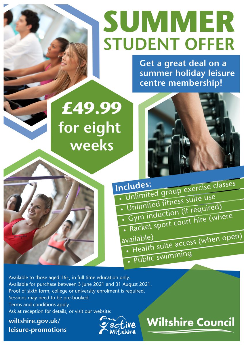 Student summer membership offer is available now - make the most of your summer with a great deal on an all inclusive membership! 

✅ all gym use and an induction 
✅ all group exercise classes 
✅ all public swimming 
✅ all racket sport court hire

👉 wiltshire.gov.uk/leisure-promot…