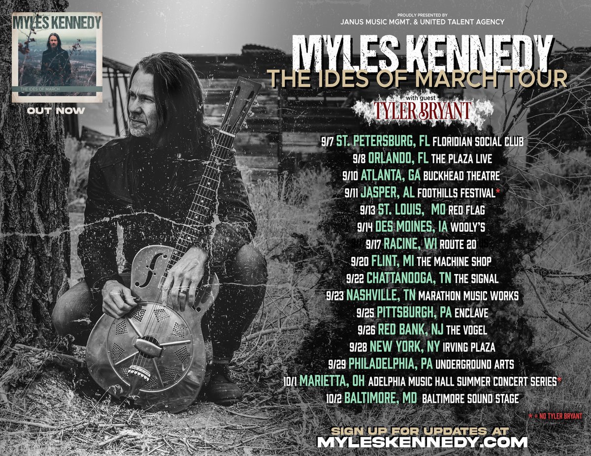 MylesKennedy's tweet photo. ~~~ The Ides Of March Tour ~~~
 Happy to be hitting the road with our friend Tyler Bryant!
Artist Pre-Sale starts today at 11am CT at https://t.co/aHvScuUaNA - Public on sale Friday at 10am local time \m/ https://t.co/VxFkdzyKhj
