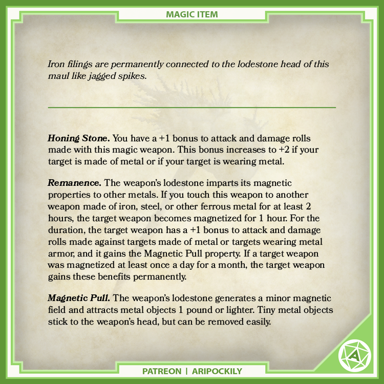 aripockily's tweet photo. New Item - Lodestone Crusher

🧲 Iron filings are permanently connected to the lodestone head of this maul.

#dnd #dnd5e #ttrpg
https://t.co/QpdA3oK6jb https://t.co/h9xg1XEJw0