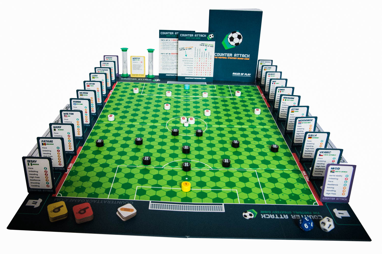 Counter Attack: the football strategy game on Twitter: "Inside the box: 2  teams, 46 players, a pitch, a ball piece, distance sticks, 4 referee cards,  yellow and red cards, injury tokens, sand