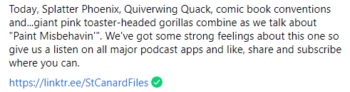 stcanardfiles's tweet photo. Today, Splatter Phoenix, Quiverwing Quack, comic book conventions and...giant pink toaster-headed gorillas combine as we talk about "Paint Misbehavin'". #darkwingduck #ABCseason2 #SplatterPhoenix #quiverwingquack
https://t.co/b983cMWAcI https://t.co/EeQRWRTfTm