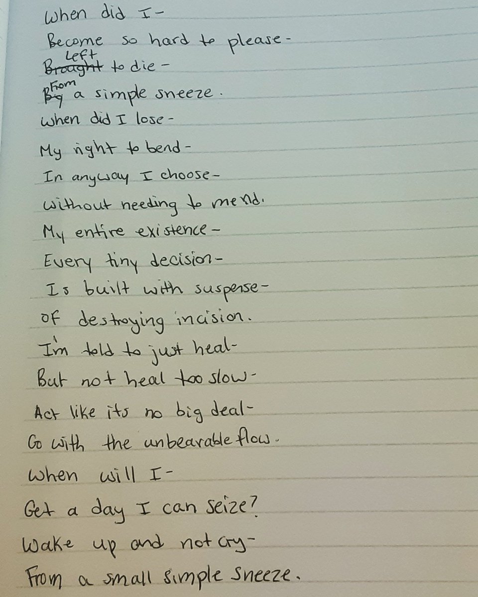 imafraidivecau1's tweet photo. Well, I've officially been post-op for a week, and the one thing I truly miss is being able to sneeze and laugh pain free. I'm on the mend though, and I'm glad to have made it out. This is a poem I wrote called "Seize the Sneeze" in honor of my one week post-op-iversary❤ https://t.co/Z2Fy7EVNHM