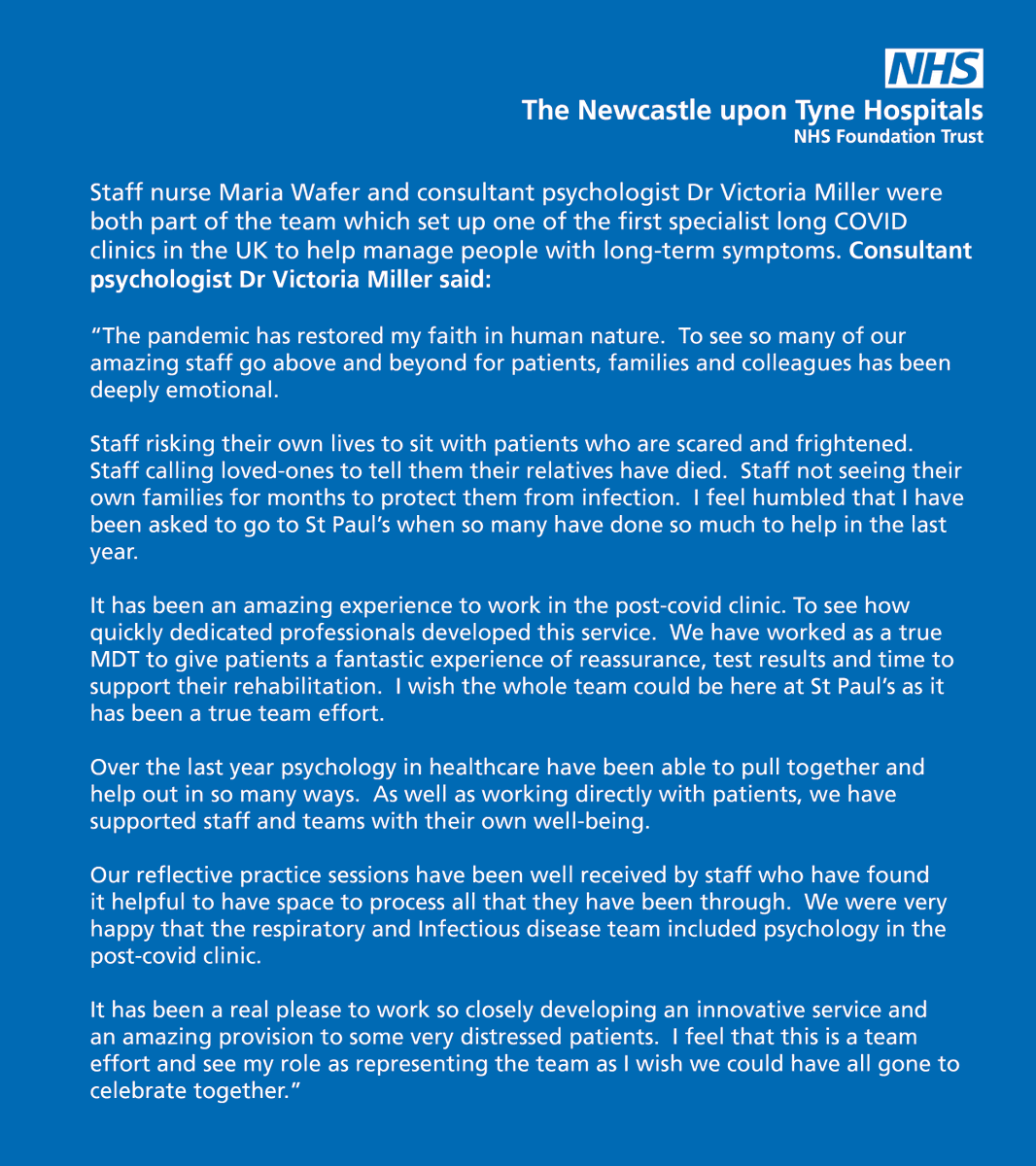 NewcastleHosps's tweet photo. Staff nurse Maria Wafer &amp; Consultant Psychologist Dr Victoria Miller were both part of the team which set up one of the first specialist long-COVID clinics in the UK. Dr Victoria Miller said: "The pandemic has restored my faith in human nature." #NHS73 https://t.co/Fel4ohPUQE
