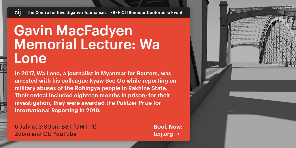 cijournalism's tweet photo. Join us #live on CIJ YouTube channel to hear @Reuters journalist @walone4 speak at the #CIJSummer Conference. 

He is delivering our annual Gavin MacFadyen Memorial talk. @gavinmacfadyen 

#courage #JournalismIsNotACrime 

On now! 

https://t.co/hGollzJQqu https://t.co/ECfANwYR4E