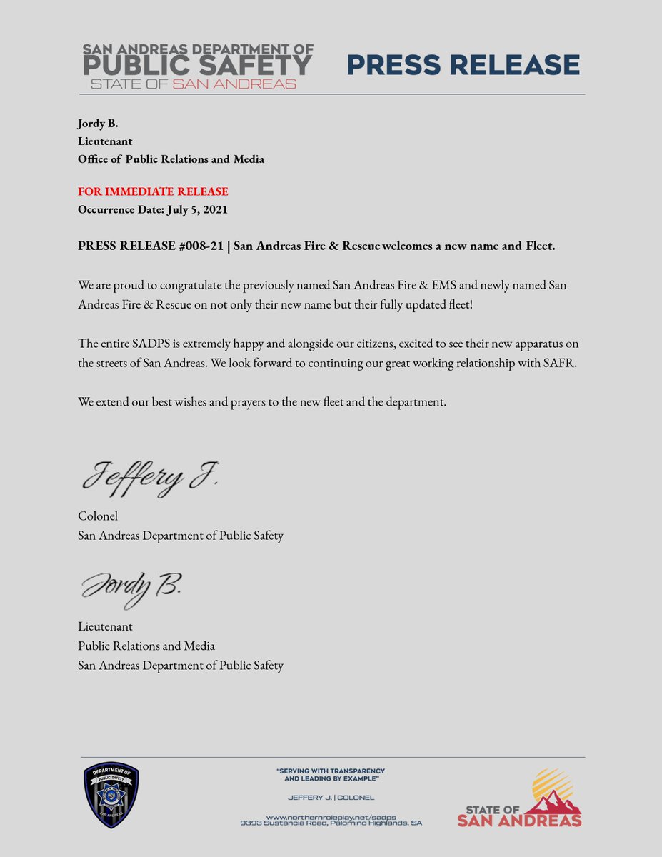 SADPS PRESS RELEASE #008-21 
SAFR WELCOMES NEW FLEET

Check them out here!
<a href="/Northern_SAFR/">San Andreas Fire Rescue</a>
x.com/Northern_SAFR/…

#NorthernRP #FiveM #YourTrueEscape