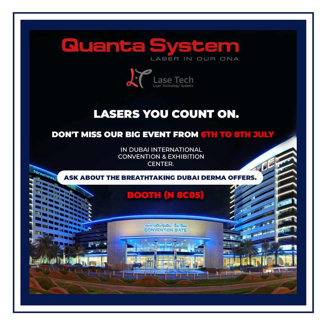 laseTechsystems's tweet image. Lasers you count on.

Don&apos;t miss our big event from 6th to 8th July at Dubai International Convention &amp;amp; exhibition center.

Ask about the breathtaking Dubai derma offers.

Lase-tech.com

#LaseTech #Bequanta #Myquanta #QuantaSystem #Dubai